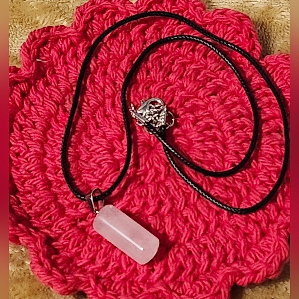 Rose Quartz Pendant Necklace Pink Gemstone on Black Cord 18-20 Inches Approx.